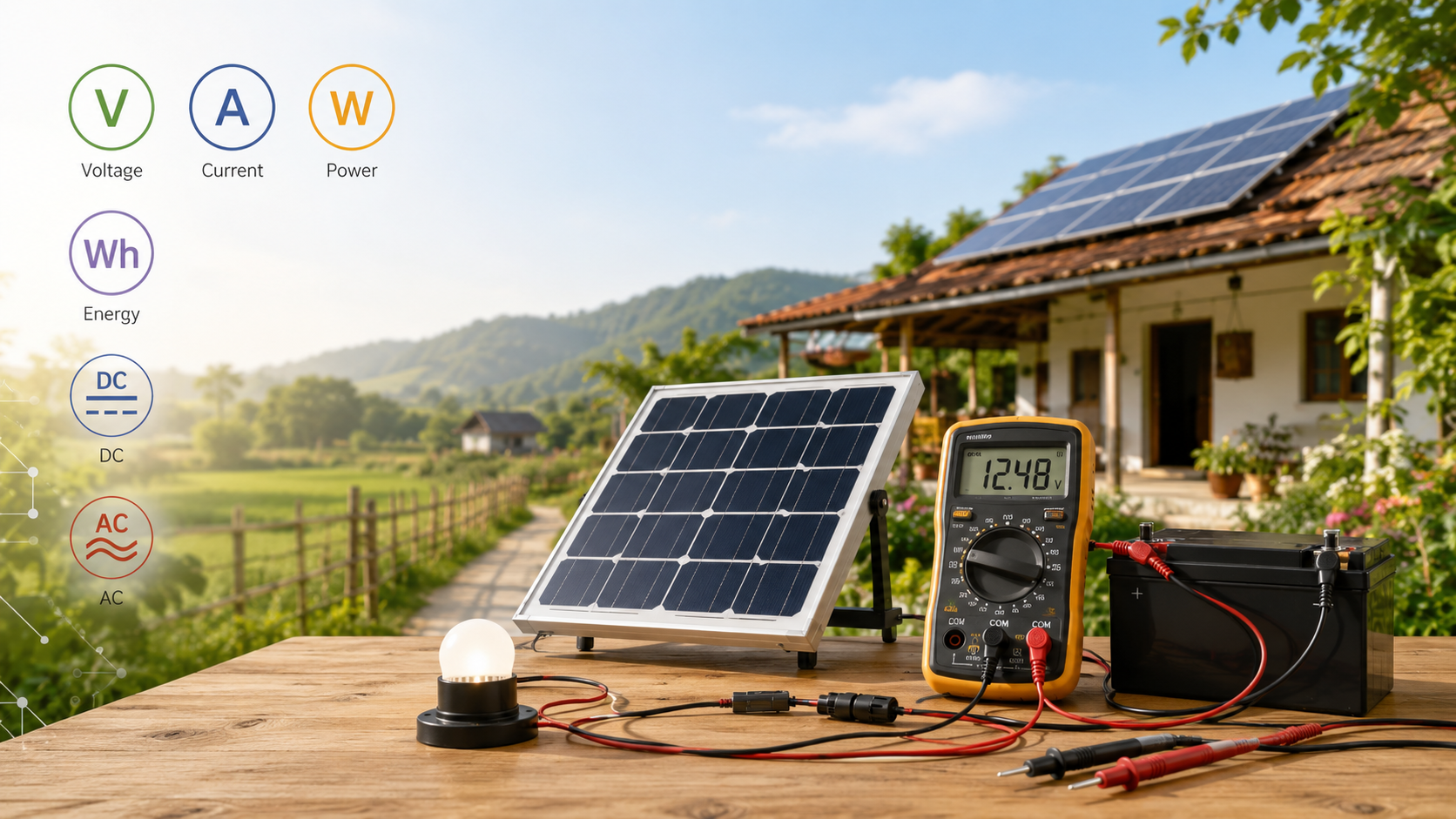 Bài học 1: Điện cơ bản cho người bắt đầu học điện mặt trời: V, A, W, Wh, DC, AC và cách đo bằng đồng hồ vạn năng